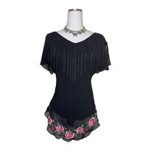 Y2K Black Fringe + Embroidered Flowers Black Blouse Size Large